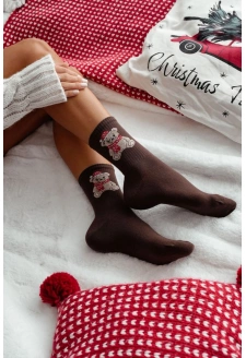 Skarpetki Damskie Świąteczne Miś W Czapce Mikołaja Czekoladowe