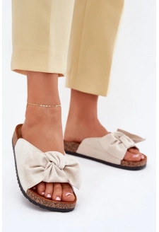 Dámské pantofle na korkové podešvi s mašlí – béžové