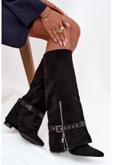 Dámské wsuwané kozačky nad koleno na sloupkovém podpatku s ozdobným páskem Jolivine – černé