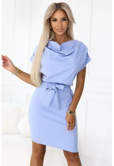 240-6 ROXI sukienka z asymetryczną spódnicą i paskiem - BŁĘKITNA