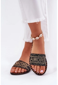 Dámské pantofle na plochém podpatku se zdobením – černé Dorfedi