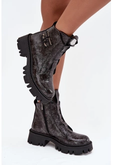Dámské lakované boty Artiker – grafitové, zateplené, s ozdobou