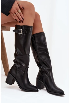 Dámské kotníkové boty Brenira na sloupkovém podpatku se sponou – černé