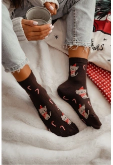 Dámské vánoční ponožky s kočičkami – čokoládové