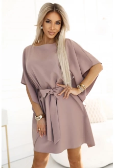 287-37 SOFIA Sukienka motyl z wiązaniem w pasie - MOCHA MOUSSE