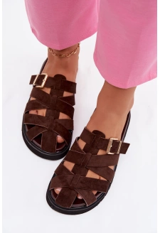 Dámské pantofle s pásky a zlatou přezkou Roselisse – čokoládové