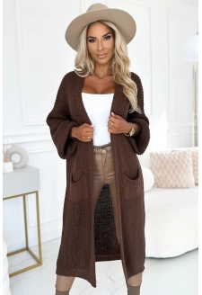627-2 Kardigan - sweterkowa długa narzutka z kieszeniami - kolor czekoladowy