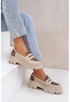 Dámské kožené mokasíny na platformě a plochém podpatku Zazoo – světle béžové s panterkovým vzorem