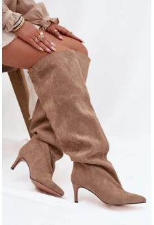 Dámské kozačky na jehlovém podpatku, vsuvné Mavilla – béžové