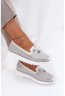 Dámské ažurové polobotky z přírodní kůže – stříbrné