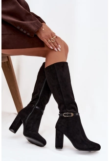 Dámské zateplené kozačky na sloupkovém podpatku se zlatou přezkou Seraphine – černé