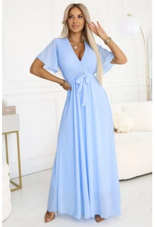 Dlouhé šaty s plisovaným výstřihem a zavazováním - světle modrá