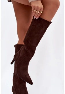 Dámské kozačky na jehlovém podpatku zateplené – čokoládové Arelisse