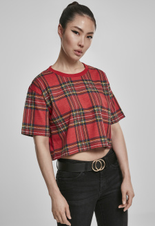 Dámské krátké oversized tričko AOP Tartan červené/bl