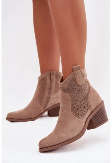Dámské kotníkové boty na podpatku s ažurovým vzorem S.Barski – béžové