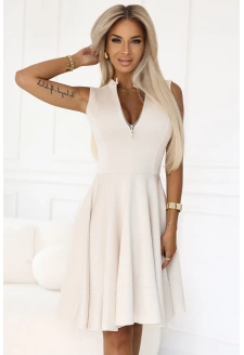 573-3 Ekskluzywna sukienka z rozkloszowanym dołem i złotym zamkiem - BEŻOWA