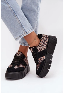 Dámské zateplené semišové sneakersy na masivní platformě Vinceza – černé s leopardím vzorem