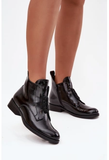 Lakované dámské botky S.Barski – černé, zateplené, s ozdobným detailem