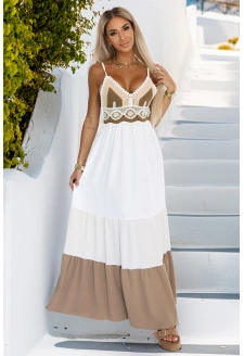 612-1 Długa beżowo-biała sukienka na ramiączkach z szydełkową górą - boho