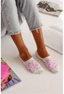 Dámské mikro-kotníkové bavlněné ponožky s motivem panterky – bílo-růžové