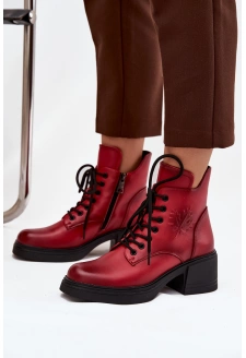 Kožené dámské boty Vinceza – červené, zateplené, na širokém podpatku