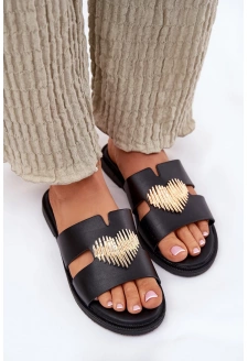 Dámské pantofle na nízkém podpatku se zlatou ozdobou – černé Karinma