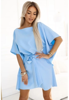 287-36 SOFIA Sukienka motyl z wiązaniem w pasie - pastelowy BŁĘKIT
