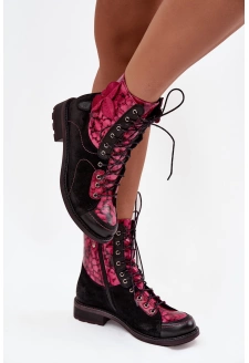 Kožené dámské boty z pravé kůže na nízkém podpatku Maciejka – černo-růžové