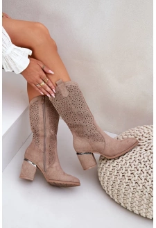 Dámské perforované kozačky do poloviny lýtka ve stylu kovbojek S.Barski – béžové, eko kůže