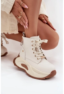 Dámské kožené boty GOE – světle béžové, zateplené, na platformě