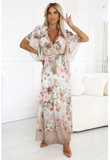 603-2 Zwiewna maxi sukienka z kopertowym dekoltem i kwiecistym wzorem – BEŻOWE RÓŻE
