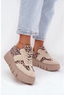 Dámské zateplené semišové sneakersy na masivní platformě Vinceza – béžové s leopardím vzorem