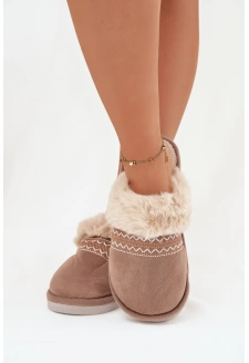 Dámské pantofle s kožíškem a výšivkou – khaki Devianne