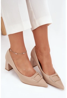 Dámské lodičky na širokém podpatku s ozdobnou sponou Seriva – nude