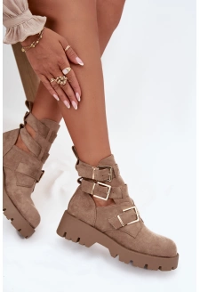 Dámské kotníkové boty s pásky a zlatými přezkami Helisse – béžové