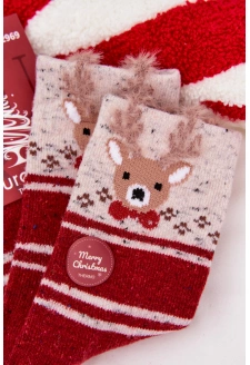 Dámské vánoční ponožky s motivem soba a proužky – červené (vlna alpaka)