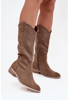 Dámské kozačky ve western stylu na nízkém podpatku Cherrie – tmavě béžové, eko zamsz