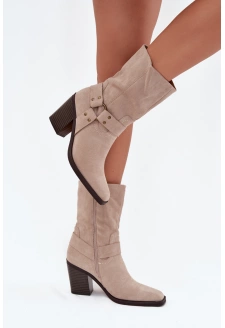 Dámské kotníkové boty Neria na sloupku s pásky a ozdobným detailem – béžové