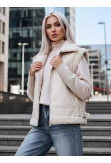 Kamizelka damska skórzana z kożuchem beżowa Dstreet TY5238z