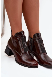 Dámské zateplené botky na podpatku s masivním podpatkem a ozdobným detailem – tmavě hnědé Zazoo
