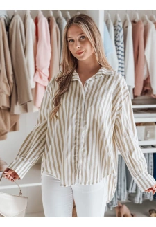 Koszula damska oversize z dłuższym tyłem SAMONE w beżowo-białe paski Dstreet DY0463