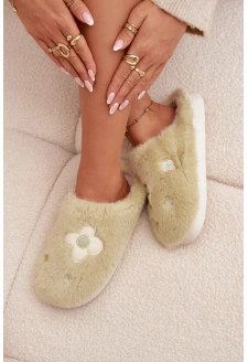 Dámské chlupaté papuče s květinami – pistáciové Selinne