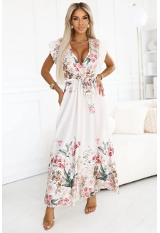 Saténové maxi šaty s výstřihem – květinovým ombre