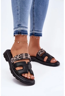 Dámské kožené pantofle s páskem na suchý zip s panterím vzorem Vinceza – černé