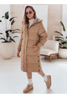 Kurtka damska zimowa WINTERMISS długa pikowana z kapturem ciemnobeżowa Dstreet TY4966