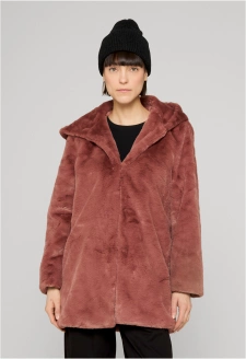 Dámský tmavý plyšový kabát s kapucí