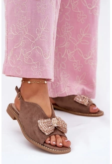 Dámské sandály s mašlí na nízkém podpatku S.Barski – tmavě béžové