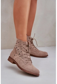 Dámské šněrovací kotníkové botky s perforovaným vzorem – béžové S.Barski