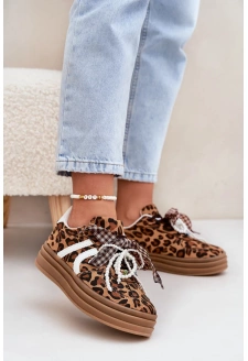 Dámské tenisky s panterím vzorem na platformě s ozdobami – hnědé Vinness