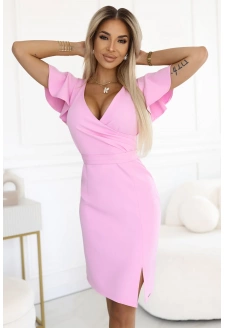 479-10 NINA elegancka sukienka z kopertowym dekoltem, rękawkiem i paskiem - CUKIERKOWY RÓŻ